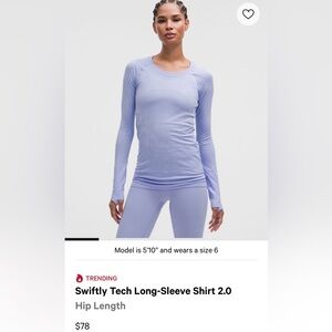 Lululemon Swiftly Tech Long-Sleeve Shirt 2.0 - Purple - size 0